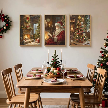 Large Vintage Christmas Framed Canvas Wall Art Set,Santa Reading Book Wall Decor,Retro Xmas Tree Art Prints,Snowy Winter Fireplace Artwork for Living Room,Bedroom,Farmhouse -16"x24"x3