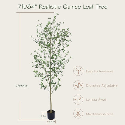 Bellacat 7ft Artificial Quince Leaf Tree with Realistic Trunks, 84in Faux Quince Leaf Tree with Lifelike Leaves for Garden, Home, Living Room Decor