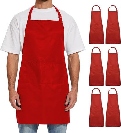 Will Well Kitchen Apron for Men and Women - 33" x 27" Oil-and-Water-Resistant with Adjustable Neck Strap and 38" Waist Ties for a Snug Fit, Lightweight with 2 Front Pockets - 6-Pack, Red