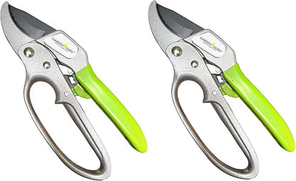 Garden Guru Ratchet Hand Pruning Shears - Professional Garden Clippers with Ergonomic Grip - Makes Tough Cuts Easy (2 Pack)