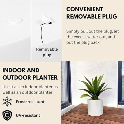Fox & Fern Matte White Plant Pots with Drainage Plug (Set of 3) — Premium Lightweight Fiberstone 8, 10, and 12 Inch Planters for Indoor and Outdoor Use; Weather Resistant & UV Resistant