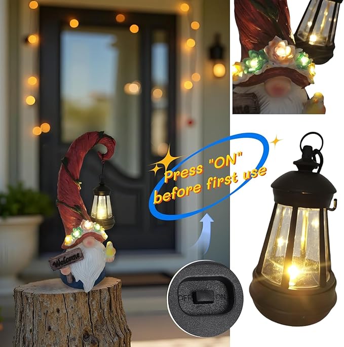 Evursua Solar Outdoor Figurine Lights Gnome Garden Decor Statue with LED Lantern, Glowing Fairy Yard Decorations for Outside Patio Yard Front Porch, Housewarming Home Decor Gifts Thanksgiving