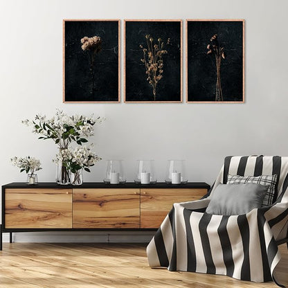 Ausril Moody Dark Orange Floral Framed Canvas Wall Art Set, Minimalist Wildflower Wall Decor, Black Flower Botanical Wall Painting, Modern Art Print for Living Room, Bedroom, Office 16"x24"x3