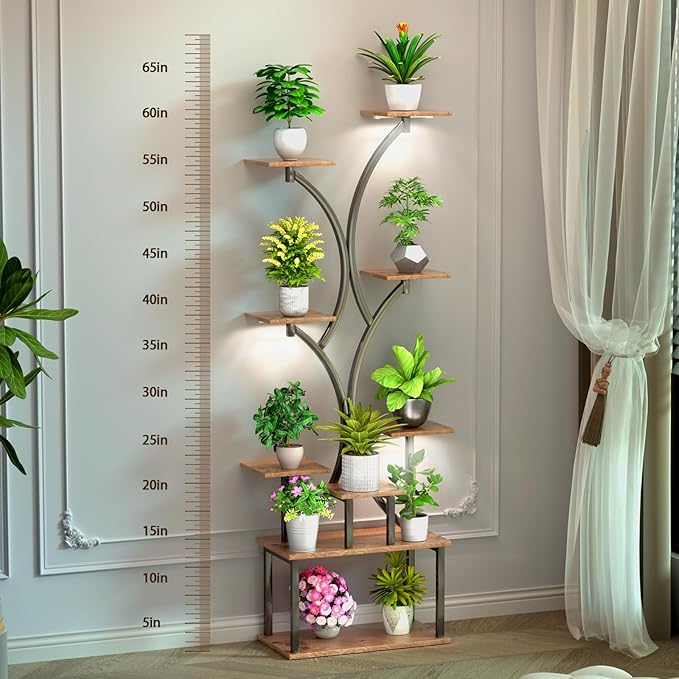 65 inch Plant Stand Indoor with Grow Lights, 9 Tiered Metal Plant Stands Indoor, Tall Plant Shelf for Multiple Plants, for Living Room, Patio Balcony or Office (Rustic Brown)