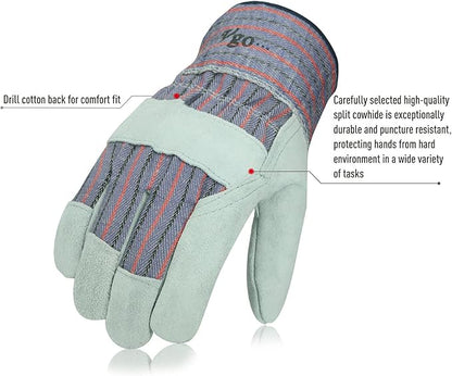 Vgo... 1-Pair Leather Work Gloves for Men, Gardening, Rigger, Builder (Size L, Plaid, CB3501)