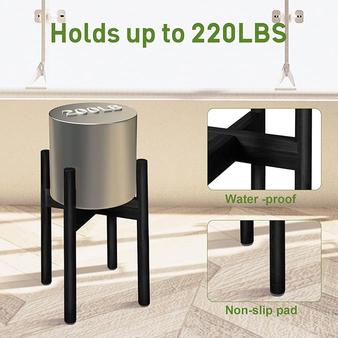 FJO 2Pcs Adjustable Plant Stand Indoor - Bamboo Plant Stands, Bamboo Mid Century Modern Plants Stands, Plant Holder for Living Room Fits 8 to 12 Inches Pots(Pot & Plant Not Included) (Black)