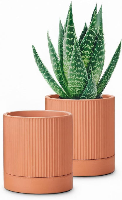 Small Modern Terracotta Pots, 4.2 Inch Ribbed Textured Clay Planter Pots with Drainage Hole & Saucer, Garden Pots for Indoor Plants Succulent, Cacti & Fern, Set of 2