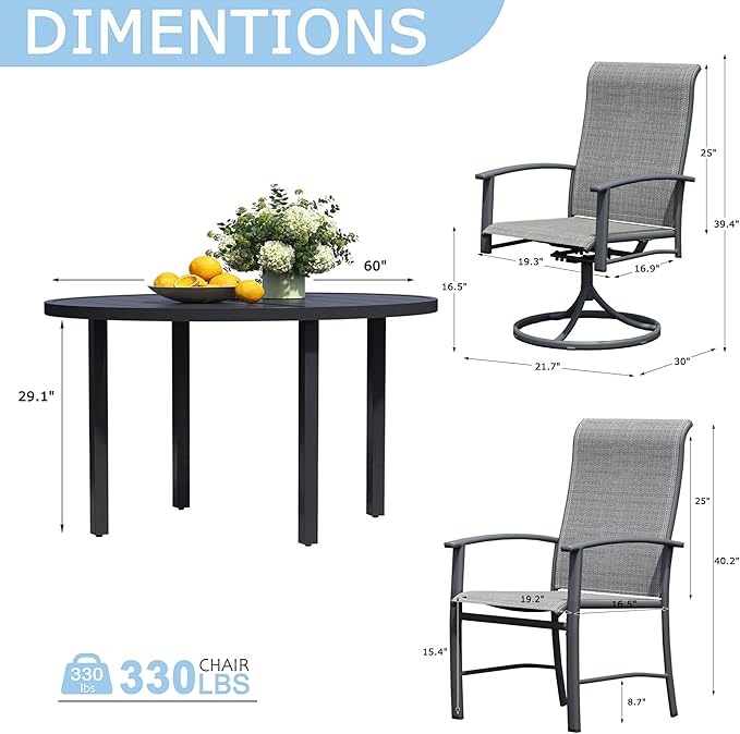 9 Piece Outdoor Dining Set, 60" Black Round Outdoor Dining Table with 4 Grey Swivel Outdoor Dining Chairs and 4 Fixed Patio Table and Chair Set of 8 for Lawn, Garden, or Porch