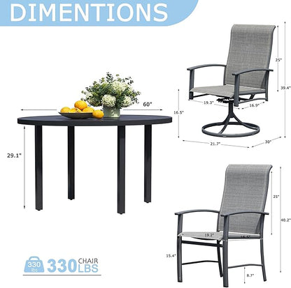 9 Piece Outdoor Dining Set, 60" Black Round Outdoor Dining Table with 4 Grey Swivel Outdoor Dining Chairs and 4 Fixed Patio Table and Chair Set of 8 for Lawn, Garden, or Porch