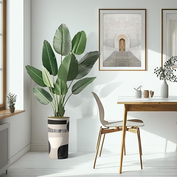 Artificial Tree in Beige and Brown Abstract Pattern Planter, Fake Bird of Paradise Silk Tree for Indoor and Outdoor Home Decoration - 67" Overall Tall (Plant Pot Plus Tree)