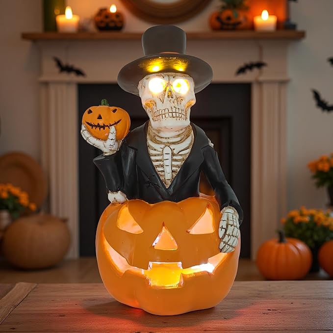 Solar Outdoor Decorations Wizard Skeleton with Pumpkin Figurine Lights, Fall Pumpkin Garden Decor for Yard Patio Porch Balcony, LED Skull Gothic Party Accessories, Home Gift for Thanksgiving Harvest