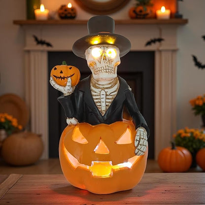 Solar Outdoor Decorations Wizard Skeleton with Pumpkin Figurine Lights, Fall Pumpkin Garden Decor for Yard Patio Porch Balcony, LED Skull Gothic Party Accessories, Home Gift for Thanksgiving Harvest