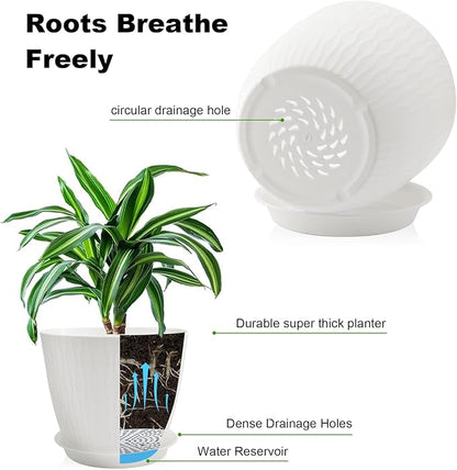 8/7/6 inch Plant Pots, 3 Pack Flower Pots for Outdoor Indoor Garden Plants, Large Planters with Multi Mesh Drainage Holes and Saucer (White, 8"+7"+6")