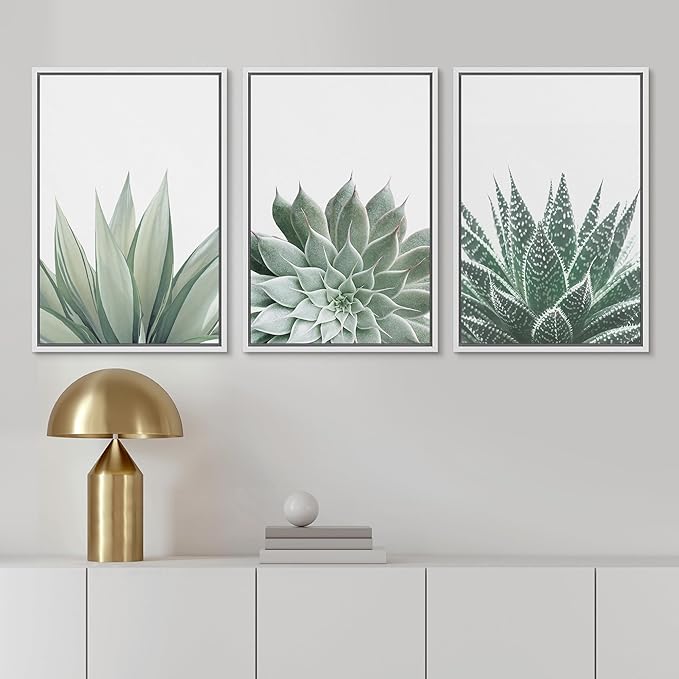Ashbrook Framed Canvas Print Wall Art Set Green Desert Cactus Succulent Variety Nature Wilderness Photography Modern Art Minimal Chic Colorful for Living Room, Bedroom, Office - 24"x36"x3 White