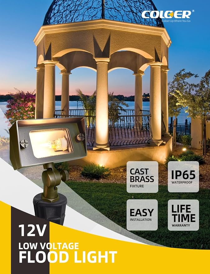 COLOER Brass Small Rectangular Flood Lights Outdoor with 2W 2700K Warm White LED G4 Bulb, 12V Low Voltage Landscape Outside Lights for House Illuminating Signs, Walls and Plant Material