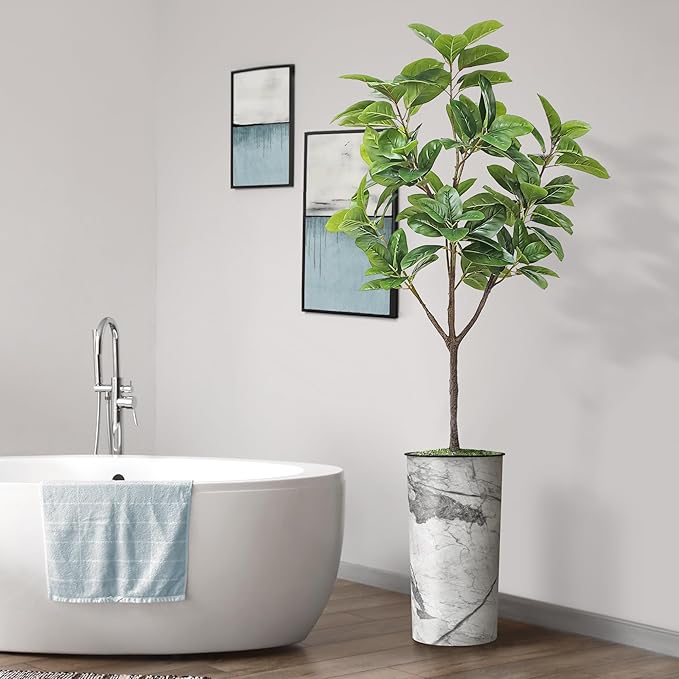 Artificial Tree in Gray Marble Effect Planter, Fake Magnolia Tree for Indoor and Outdoor Home Decoration - 70" Overall Tall (Plant Pot Plus Tree)
