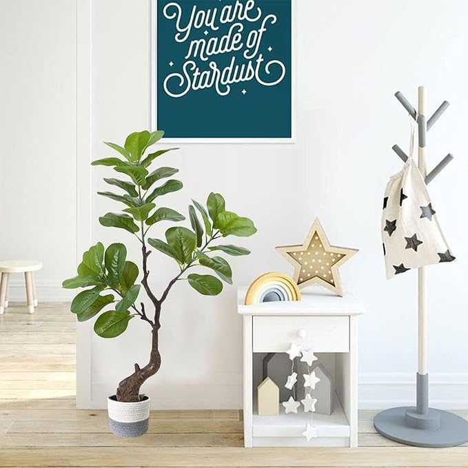 4 Ft Artificial Fiddle Leaf Fig Tree, Indoor Outdoor Fake Potted Tree with Trunks Artificial Tree Realistic Fake Plant for Modern Home Office Living Room Floor Decor