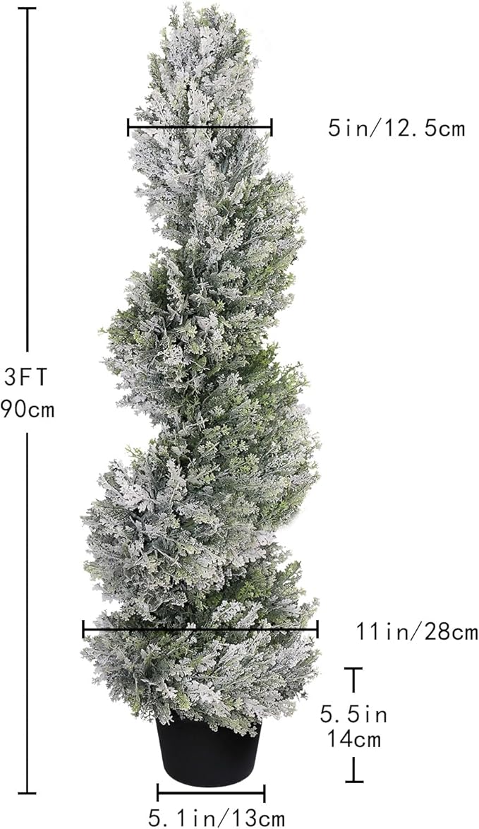 THE BLOOM TIMES 3ft Snow-Flocked Spiral Artificial Topiary Trees Set of 2, 36 inch Faux Cedar Trees for Front Porch Christmas Planter Decor, Fake Plants for Indoor or Covered Outside Display 3 Foot