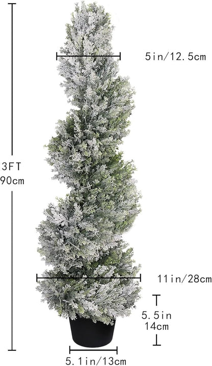 THE BLOOM TIMES 3ft Snow-Flocked Spiral Artificial Topiary Trees Set of 2, 36 inch Faux Cedar Trees for Front Porch Christmas Planter Decor, Fake Plants for Indoor or Covered Outside Display 3 Foot