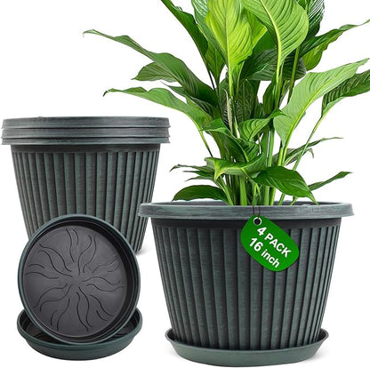 Large-Planter-Indoor-Outdoor Plant Pots, 16 inch 4 Pack Plastic Flower Pots with Saucer And Drainage Holes, Modern Garden Planters For Planting Medium Large Plants， Decorative Resin Garden Pots