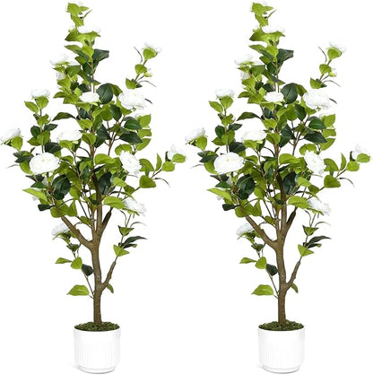 Artificial Camellia Tree 4FT – Nearly Natural Faux Plants Indoor, with Easy Assembly, Low Maintenance, Ideal for Both Indoor Decoration and Other Purposes，Perfect Porch Christmas Trees (White 4ft x2)