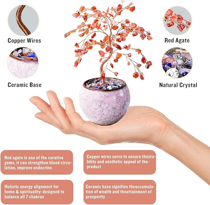 Runyangshi Red Agate Crystal Tree of Life - 8" Large Natural Chakra Healing Crystal Tree, Bringing Money, Good Luck, Positive Energy for Home Decor, Feng Shui Gifts, Office Desk Ornament