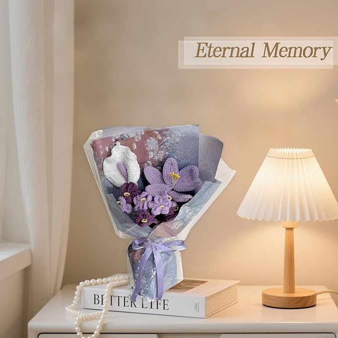 Purple Tulip Baby's Breath Peace Lily Crochet Flowers Bouquet Handmade Knitted Artificial Flowers Home Decor