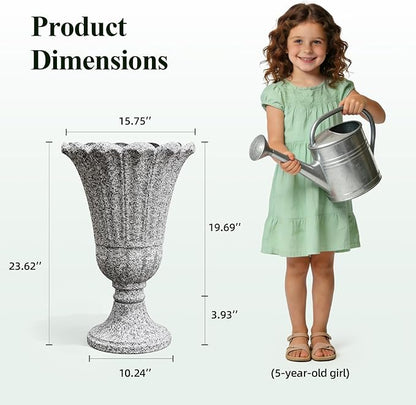 23.6" Tall Plastic Urn Planters for Outdoor Plants with Drainage Holes & Petal Design, Set of 2 Sturdy Base Classic Indoor Large Flower Pots, Outdoor Planters for Porch/Home/Garden, Slate Gray
