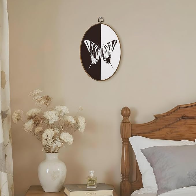 LKETW Butterfly Oval Wall Art Decor, Modern Black and White Butterfly Oval Canvas Hanging Decor, Moth Wall Decorations for Home Bedroom Living Room, 8.6x11.4 Inch