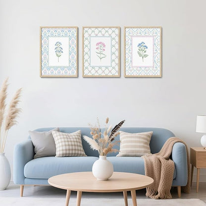 CHMMART 3 Piece Pastel Wildflower Framed Wall Art Nursery Floral Canvas Art Prints Pink Blue Botanical Pictures Wall Decor Boho Flower Painting Artwork for Bedroom Bathroom 16x20in