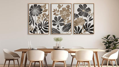 Large Framed Canvas Wall Art - Natural Float Framed Rustic Black Flowers Leaves Pictures Decor Brown Floral Foliage Artwork for Bedroom Living Room Kitchen Home Office Decoration 60" X 28" Set of 3