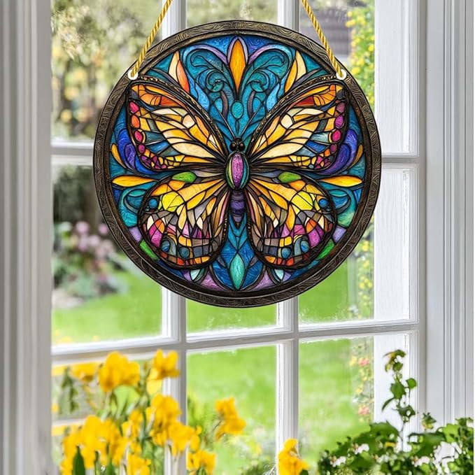 Acrylic Stained Window Hanging Butterfly Acrylic Decoration for Indoor Outdoor Home Bar Office Garden Plastic Ornament Decor 12x12 Inch