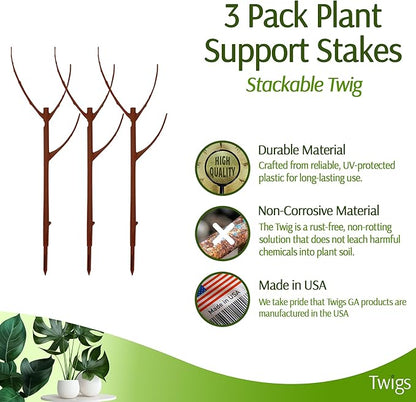 Stackable Plant Support Stakes, Indoor & Outdoor Houseplant Stem Support, Garden Accessories, Durable Trellis Alternative for Climbing & Potted Plants - Begonia Red, 3 Pack, 17" L