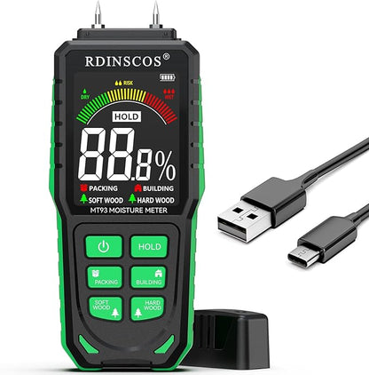 Rechargeable Moisture Meter for Wood, Drywall & Flooring – Pin-Type Moisture Detector with Replaceable Pins, Hold Function & Custom Wood Settings