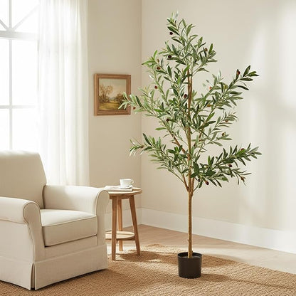 Olive Artificial Trees, 5FT Tall Faux Olive Tree for Indoor and Outdoor, Artificial Plants with Basic Planter, Lifelike Fruits and Realistic Wood Trunk for Home Office Decor