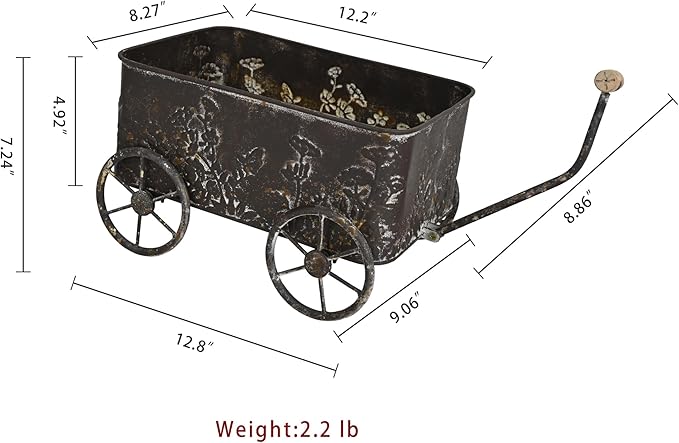Flower Cart with Wooden Handles, Metal Wagon Planters for Outdoor Plants, Garden Planter with Wagon Wheels, Decorative Wheelbarrow, Plant Cart for Patio Garden Balcony (Brown)