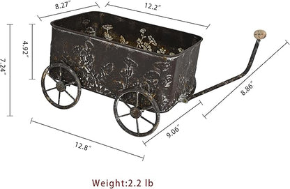 Flower Cart with Wooden Handles, Metal Wagon Planters for Outdoor Plants, Garden Planter with Wagon Wheels, Decorative Wheelbarrow, Plant Cart for Patio Garden Balcony (Brown)