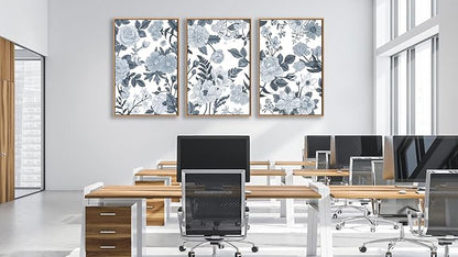 Large Framed Canvas Wall Art - Natural Float Framed Rustic Grey White Flowers Pictures Decor Gray Blue Leaves Artwork Prints for Bedroom Living Room Kitchen Home Office Decoration 72" X 36" Set of 3