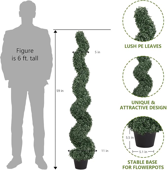 5ft Artificial Spiral Topiary Trees Outdoor Set of 2 – Faux Boxwood Bushes Shrubs, Fake Potted Plants for Front Porch Planter Indoor Outside Decor, UV Resistant 5 Foot