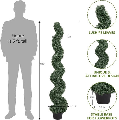5ft Artificial Spiral Topiary Trees Outdoor Set of 2 – Faux Boxwood Bushes Shrubs, Fake Potted Plants for Front Porch Planter Indoor Outside Decor, UV Resistant 5 Foot