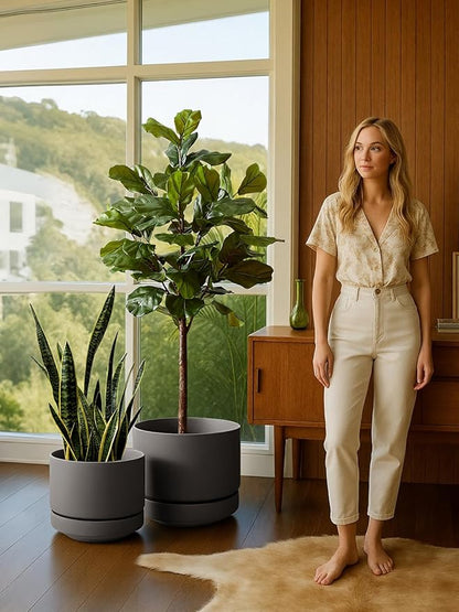 LE TAUCI 14 Inch Large Plant Pot with Saucer, Ceramic Outdoor & Indoor Big Planter with Drainage Hole, Mesh Pad & Plug Included, Unglazed Porous, Modern for Home and Patio, Charcoal Gray