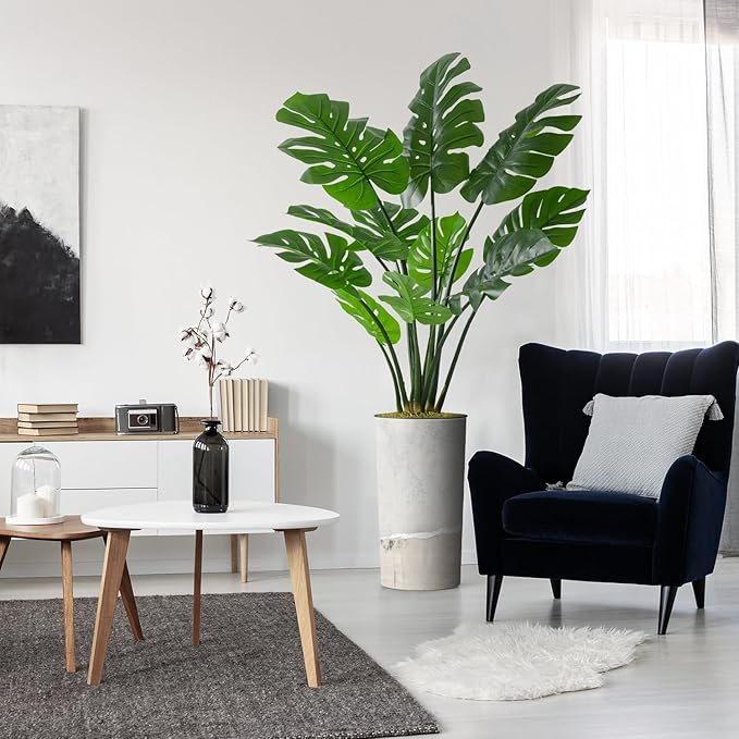 Artificial Tree in Gray Tan Watercolor Abstract Planter, Fake Monstera Silk Tree for Indoor and Outdoor Home Decoration - 65" Overall Tall (Plant Pot Plus Tree)