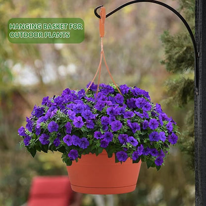 4 Pack Hanging Planters, 10 Inch Hanging Plant Pot with Hanger Chain & Drainage Trays, Hanging Baskets for Plants Outdoor Indoor, Plastic Flowers Pots for Home, Garden Decor (Terracotta Red)
