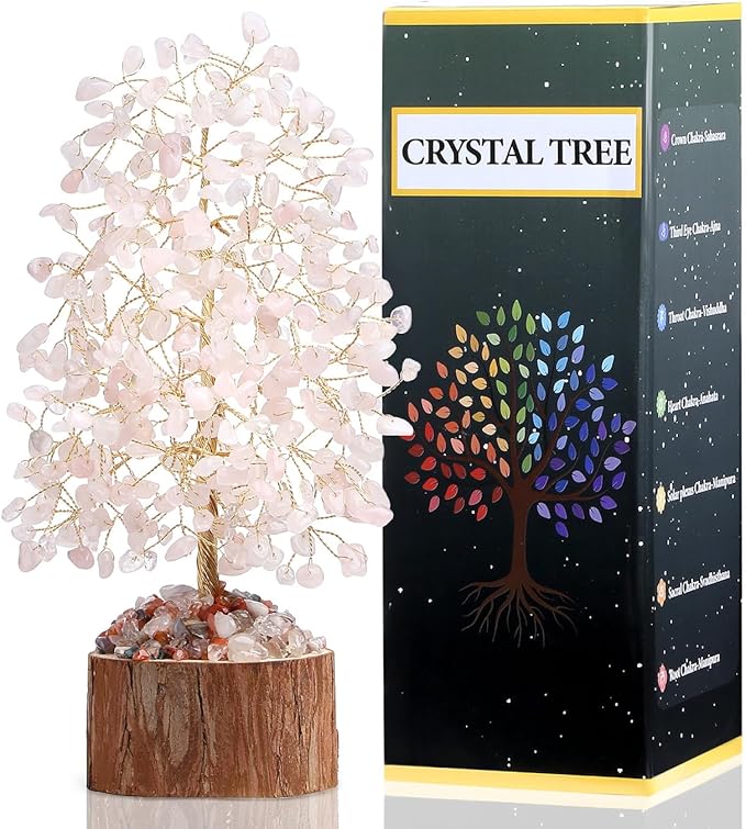 DUQGUHO Rose Quartz Crystal Tree Pink Ornaments Positive Energy Tree of Life Spiritual Gifts for Women House Warming Gifts New Home Wedding Gifts Crystal Ornament Home Decor