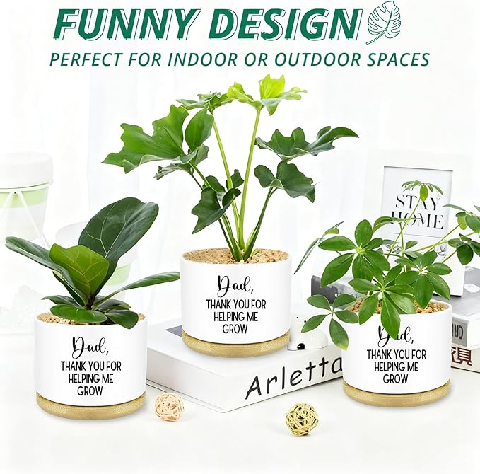 Thank You Dad for Helping Me Grow Ceramic Planter, 3.5 Inch Funny Flower Pots for Succulents, Cactus, Indoor Plants, Unique Gifts for Dad with Drainage Hole & Wood Tray (Plant Not Included)