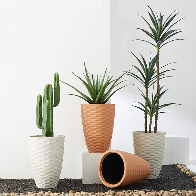Glitzhome Oversized Planters Set of 2,Tall Flower Pots with Drainage Hole,19" H Faux Ceramic Wave Textured White Planter,Large Planters for Outdoor Plants,Outdoor Planter for Front Porch Patio Deck