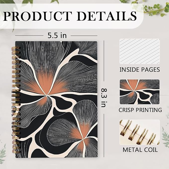 Boho Abstract Flower Spiral Notebook, Bohemian Floral Journal Notebook, Flower Aesthetic Journaling Notebooks for Women, Boho Abstract Office School Supplies Gifts, 5.5x8.3 Inch