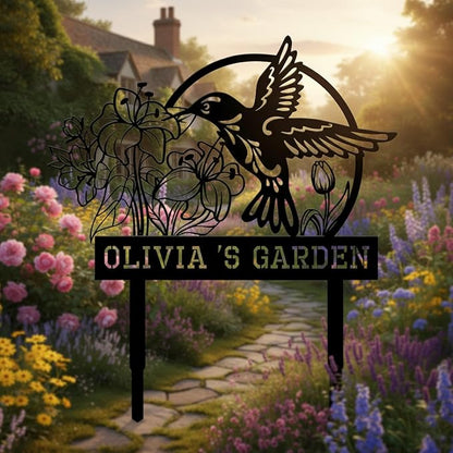 Personalized Metal Garden Stake - Custom Hummingbird & Flower Yard Art - 12"-24" Outdoor Name Sign for Patio, Flower Bed, Backyard Decor - Weatherproof Housewarming or Mother's Day Gift