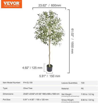 VEVOR Artificial Olive Tree, 5 FT Tall Faux Plant, Secure PE Material & Anti-Tip Tilt Protection Low-Maintenance Plant, Lifelike Green Fake Potted Tree for Home Office Warehouse Decor Indoor Outdoor