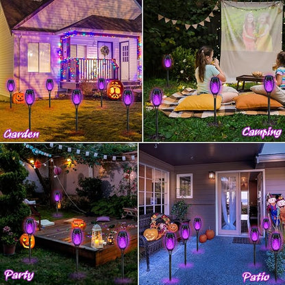 IkeeRuic Halloween Decorations Outdoor, Purple Halloween Solar Lights with Flickering Flame, Solar Torch Lights for Yard Decorations, Waterproof Outdoor Lighting for Garden Pathway Patio Outside Decor